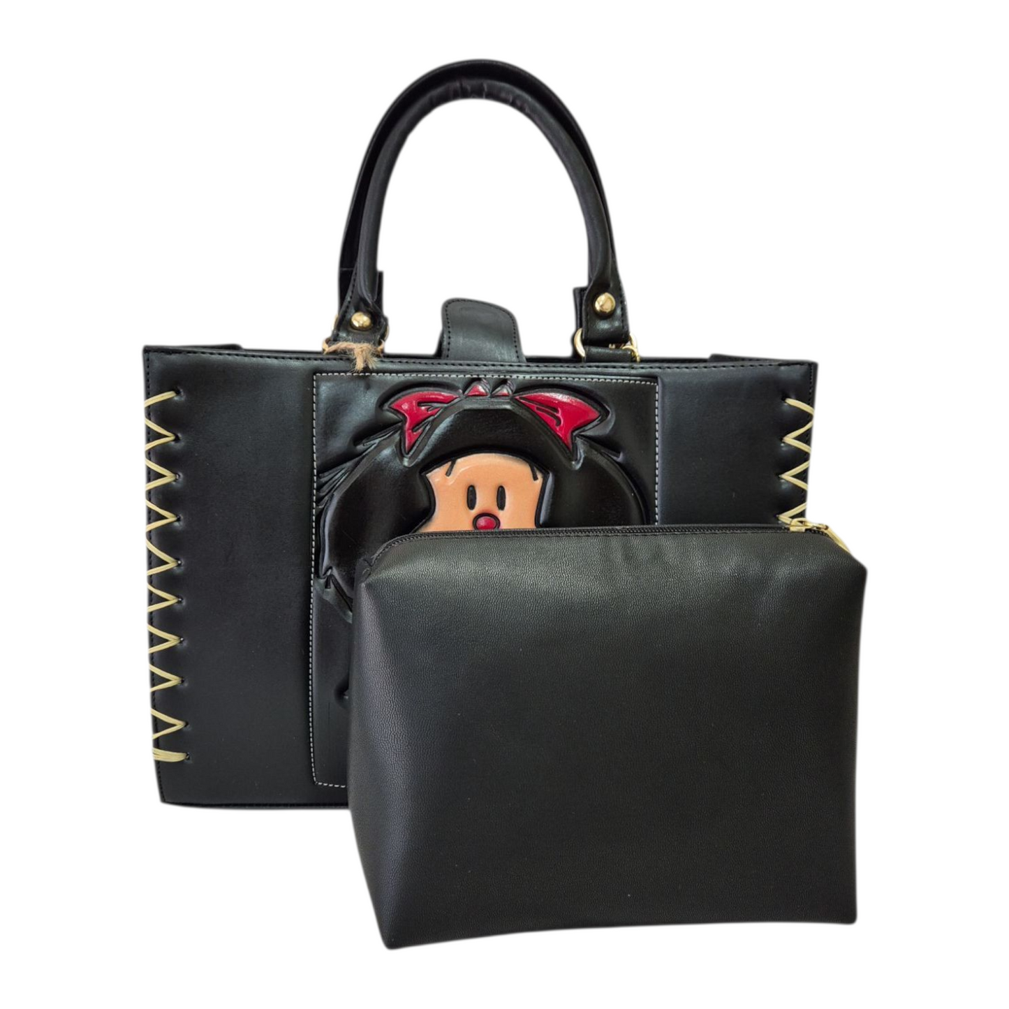 Bolsa de mano negra con diseño en relieve  incluye cosmetiquera