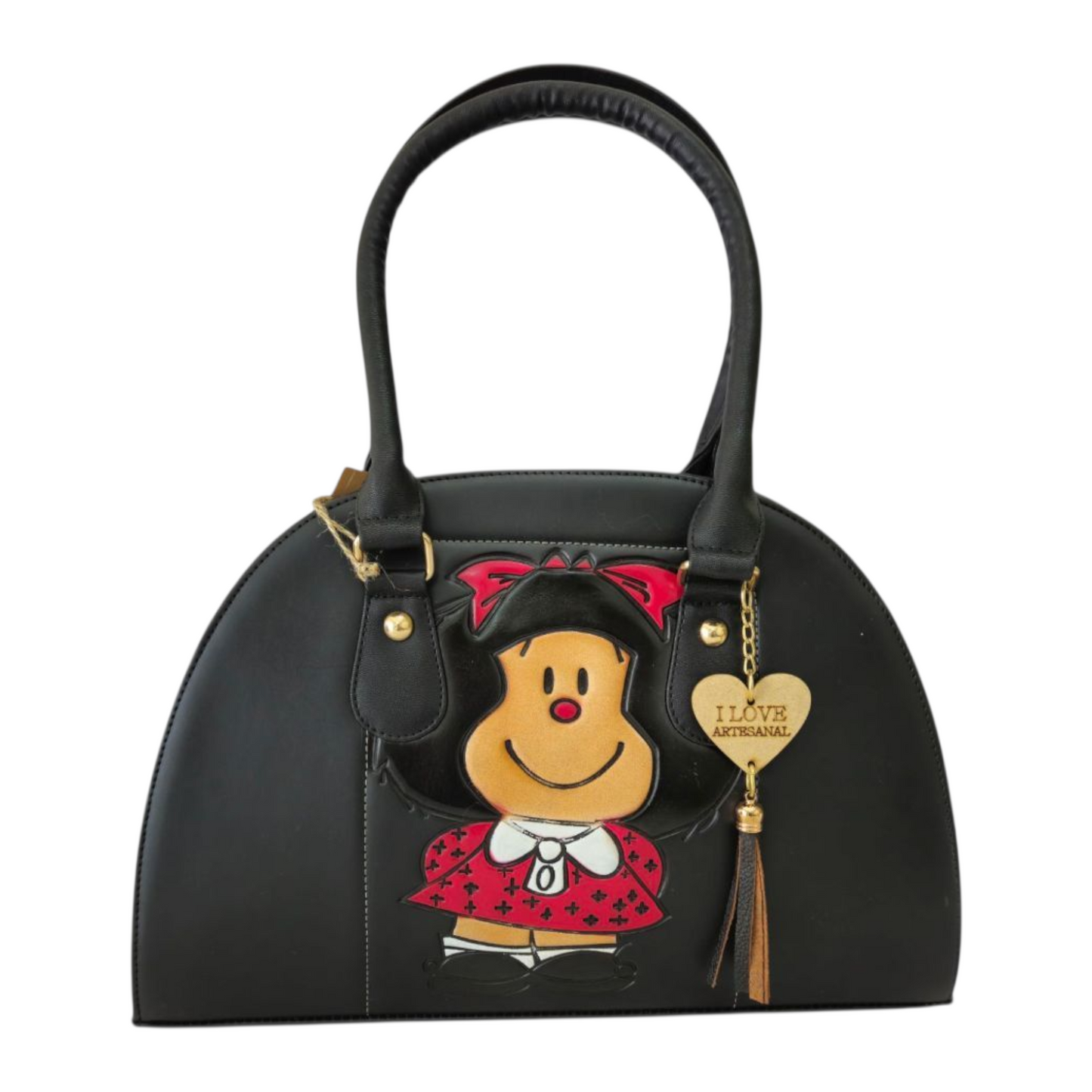 Bolsa Mafalda media luna artesanal en relieve pintada a mano