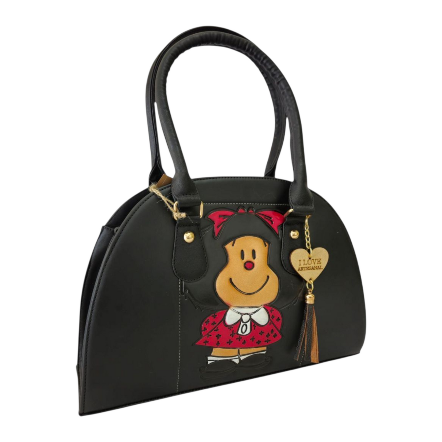 Bolsa Mafalda media luna artesanal en relieve pintada a mano