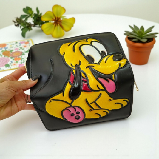 Billetera negra artesanal doble cierre con diseño en relieve de tierno perrito amarillo