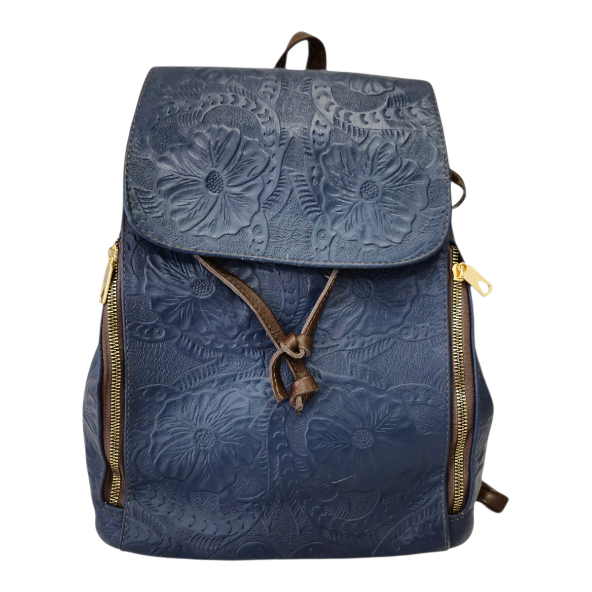 Mochila de Piel Azul Grabada Floral Artesanal