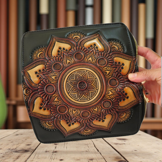 Billetera artesanal con diseño mandala en tonos tierra – equilibrio y elegancia natural
