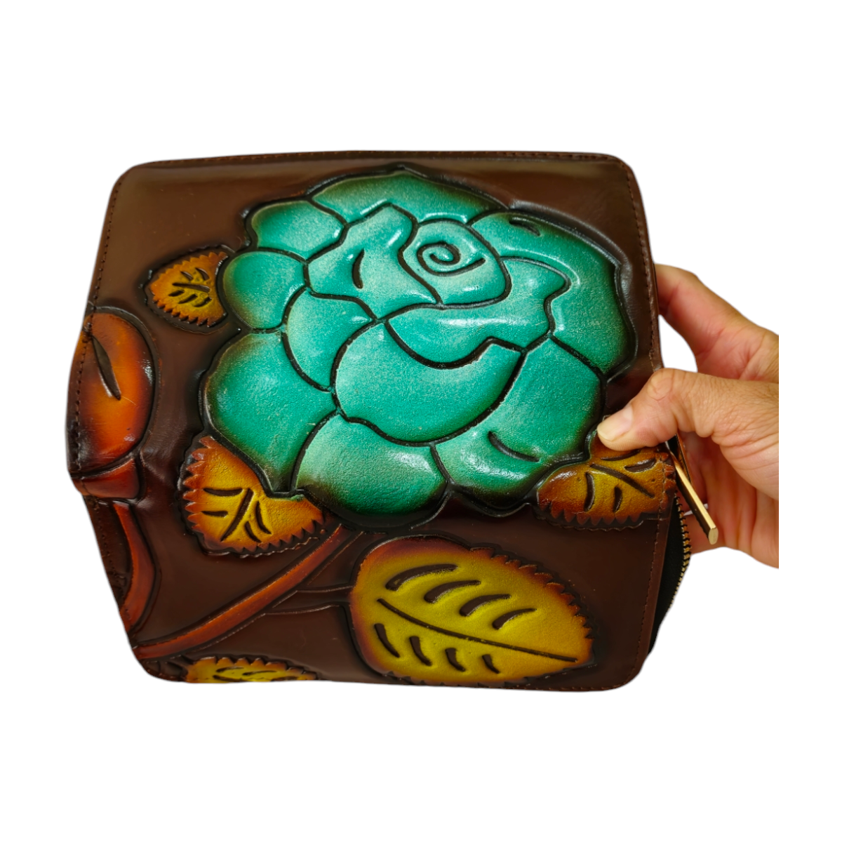 Billetera artesanal con diseño de rosa turquesa – elegancia y arte hecho a mano