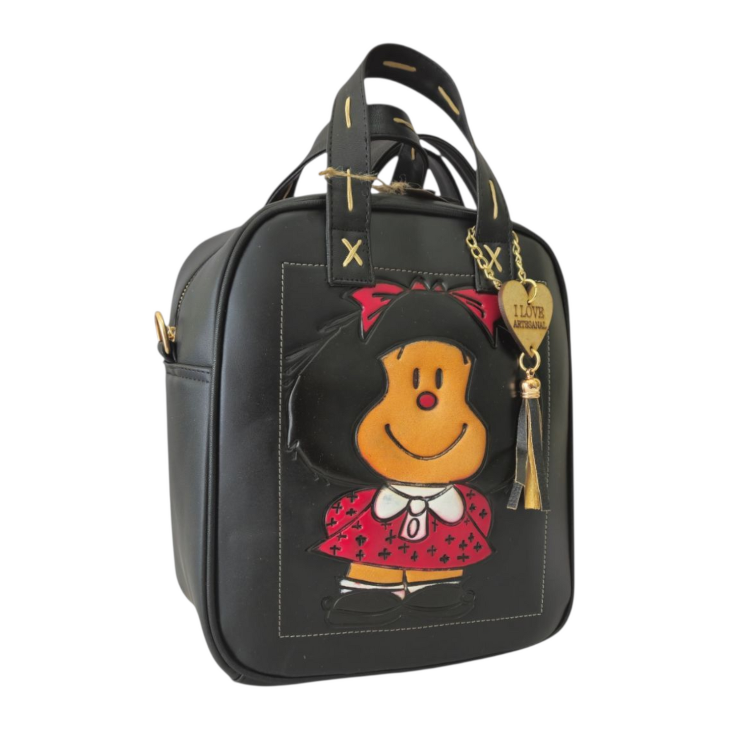 Bolsa y Mochila Artesanal con Diseño Alegre Hecha a Mano, Negra, Multifuncional