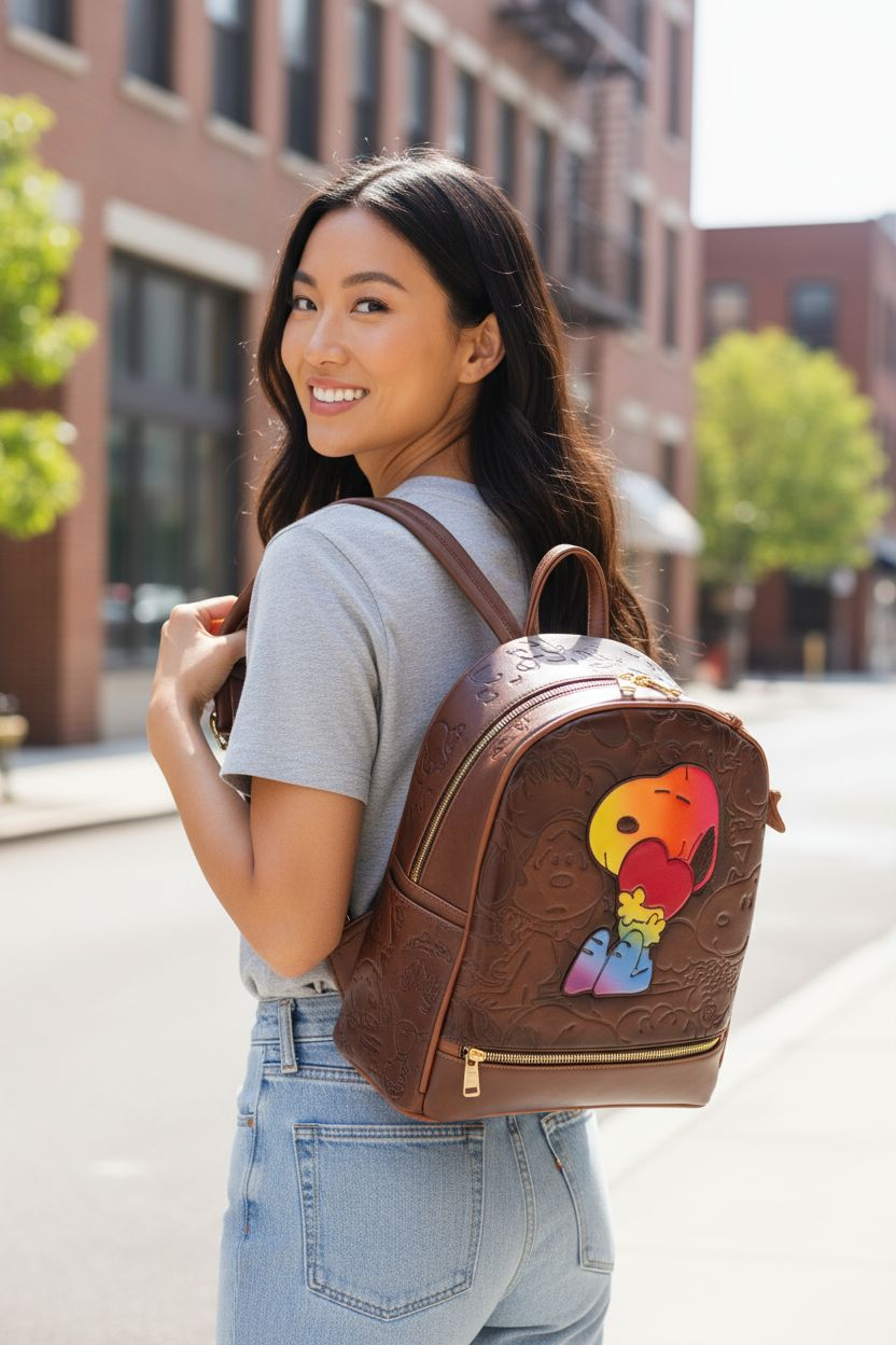 Mochila café con diseño grabado y personaje tierno abrazando corazón