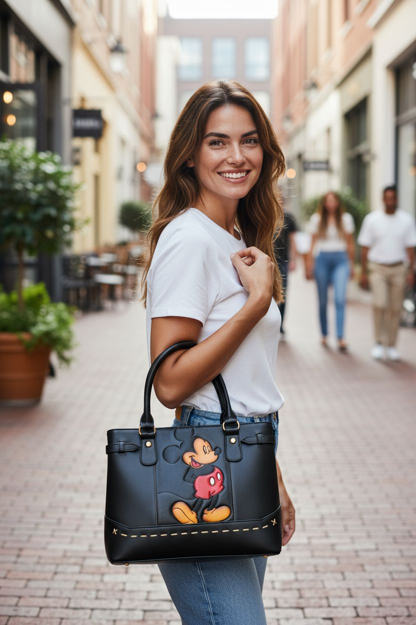 Bolsa de mano negra con diseño divertido y moderno