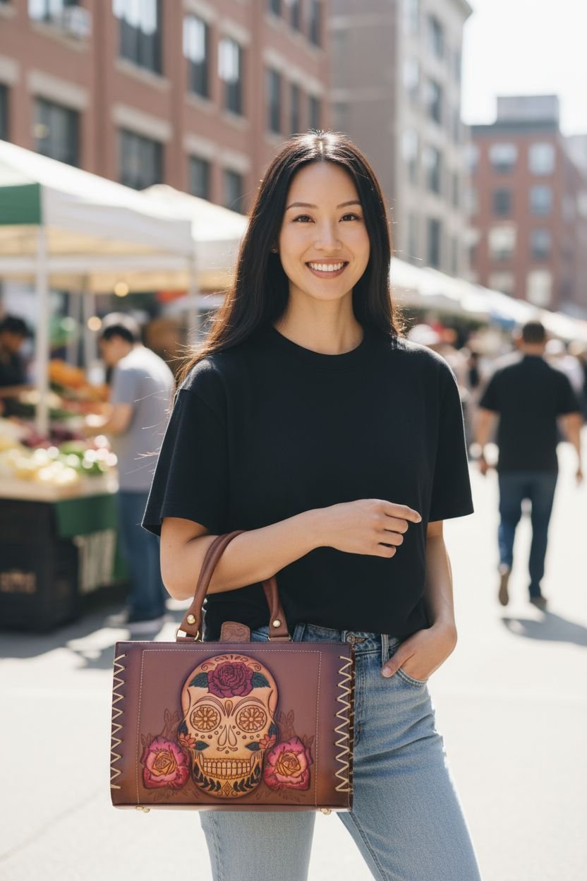 Bolsa de Mano Artesanal Color Marron con Grabado de Calavera y Rosas