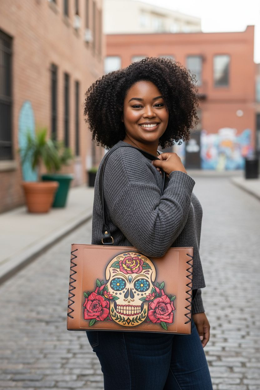 Bolsa de Mano Artesanal Para Mujer con Diseño Calavera Mexicana y Rosas Estilo Día de los Muertos