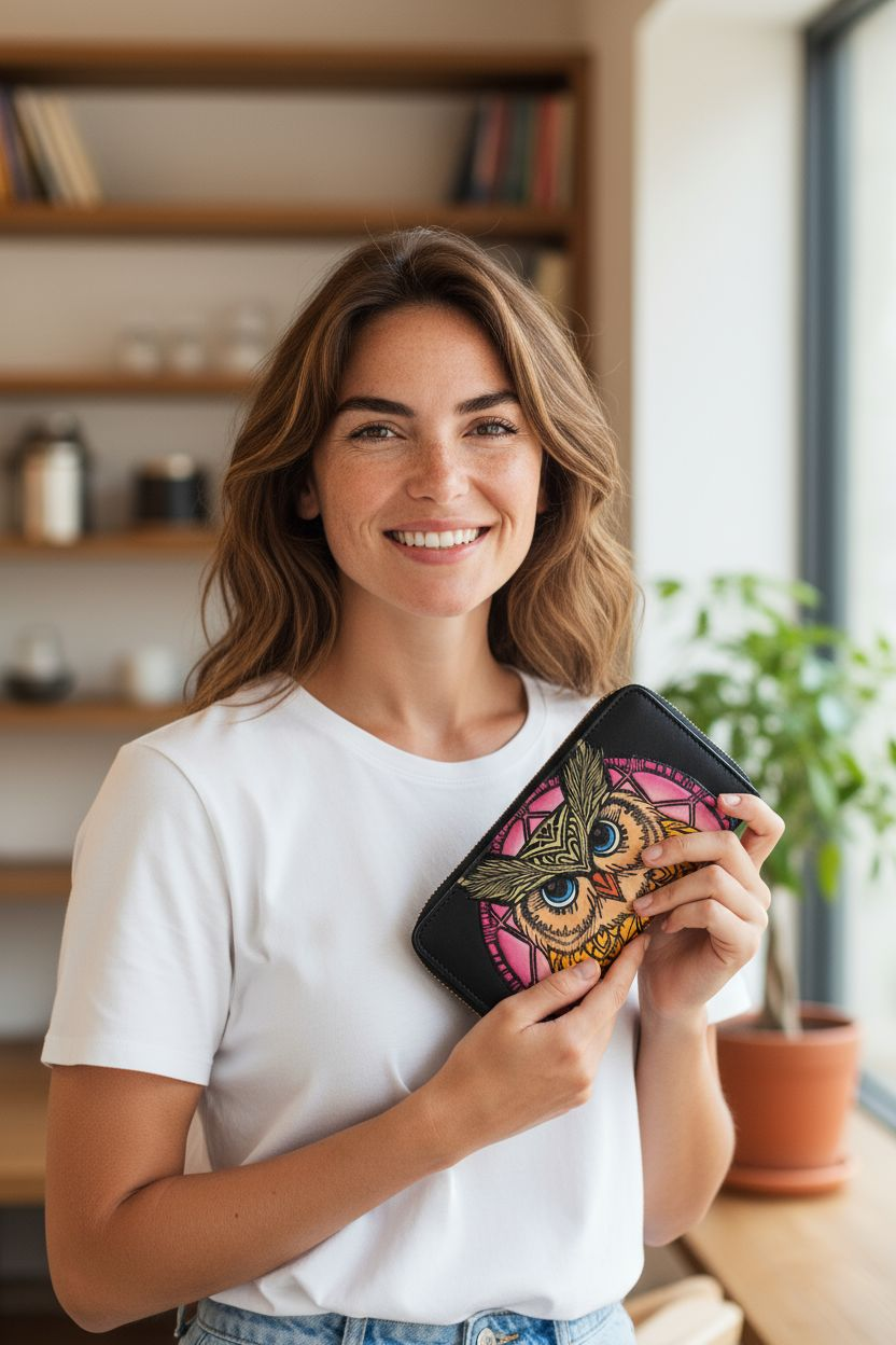 Billetera Artesanal con Búho y Atrapasueños Color Rosa