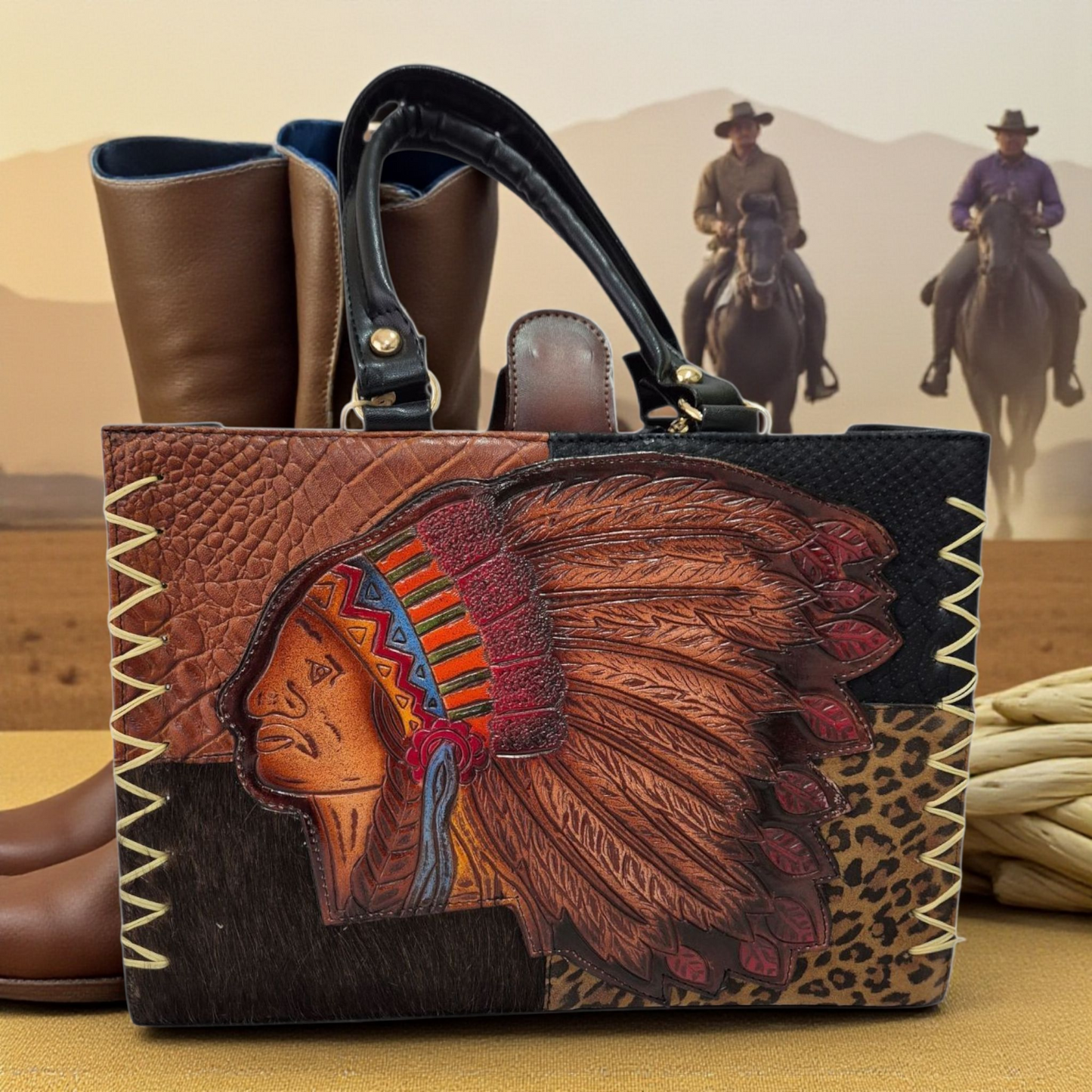 Bolsa de Mano Artesanal de Piel con Grabado de Jefe Indio y Detalles Animal Print Hecha a Mano, Única y Exclusiva
