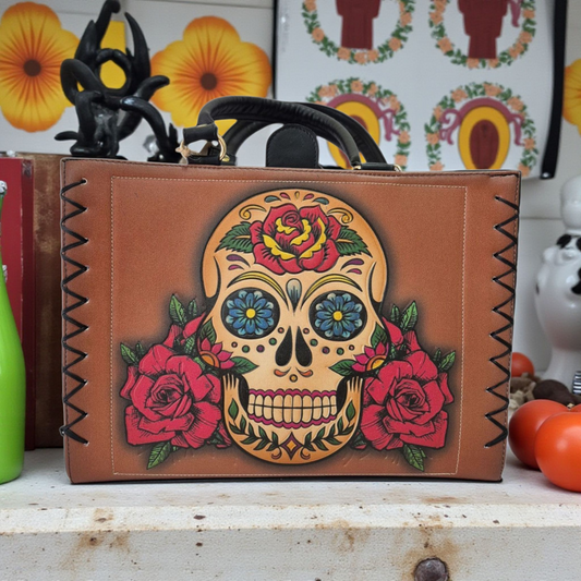 Bolsa de Mano Artesanal Para Mujer con Diseño Calavera Mexicana y Rosas Estilo Día de los Muertos