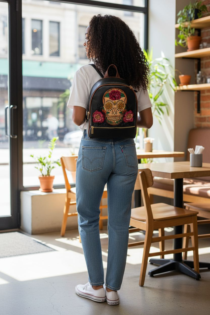 Mochila de Piel Negra con Calavera Mexicana y Rosas, Diseño Artesanal para Mujer
