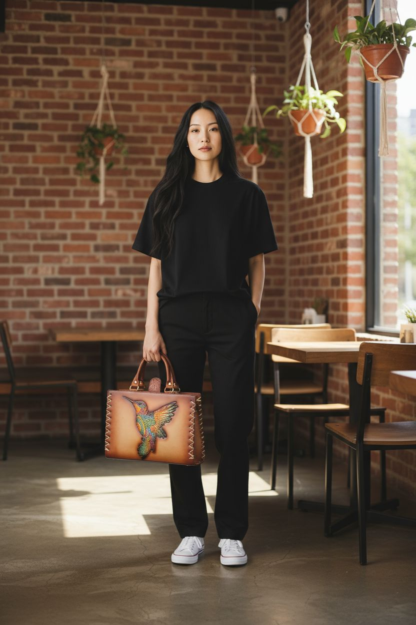 Bolsa artesanal de piel con diseño de colibrí multicolor grabado a mano