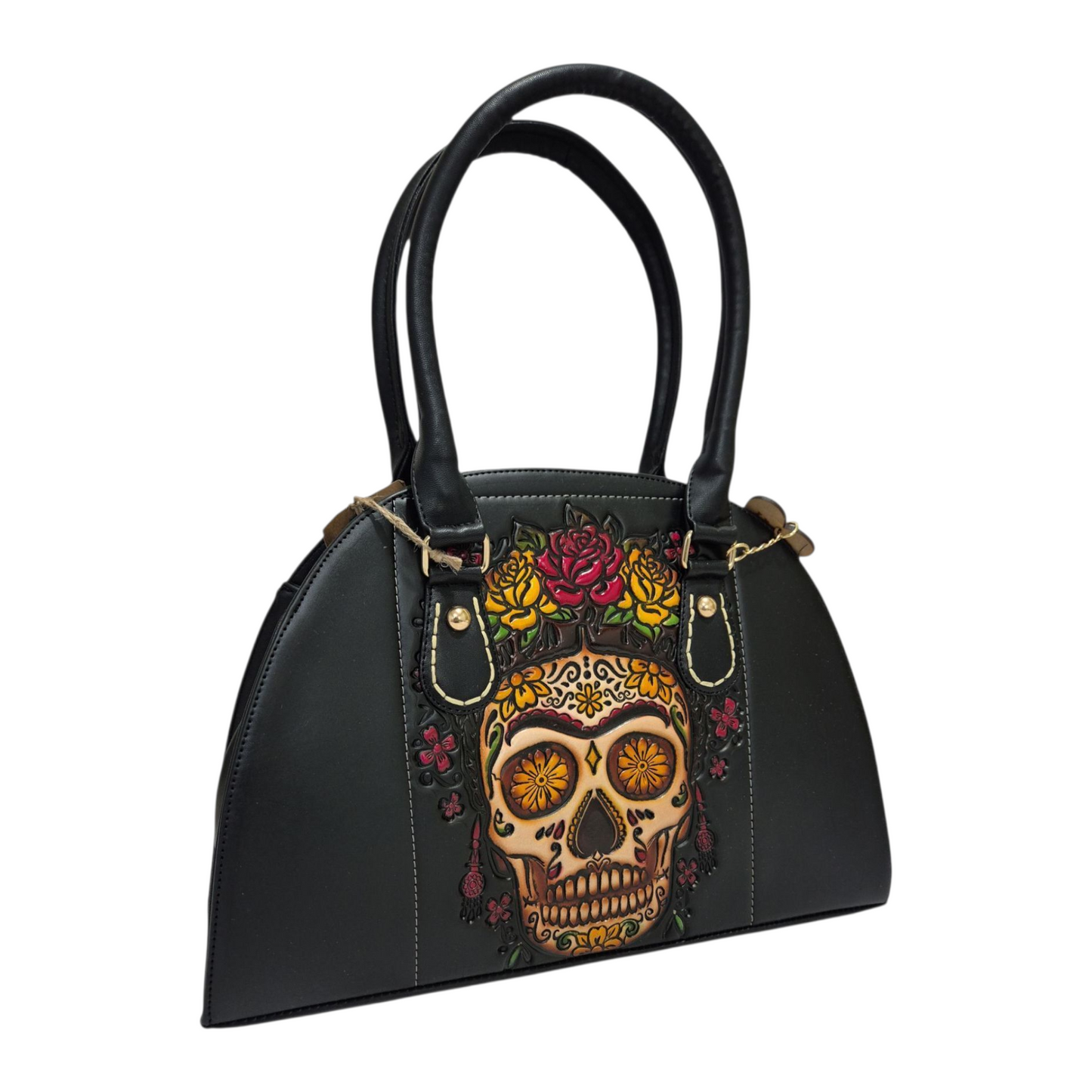 Bolsa de Mano Artesanal Negra con Calavera Floral Grabada – Estilo Mexicano Únicos