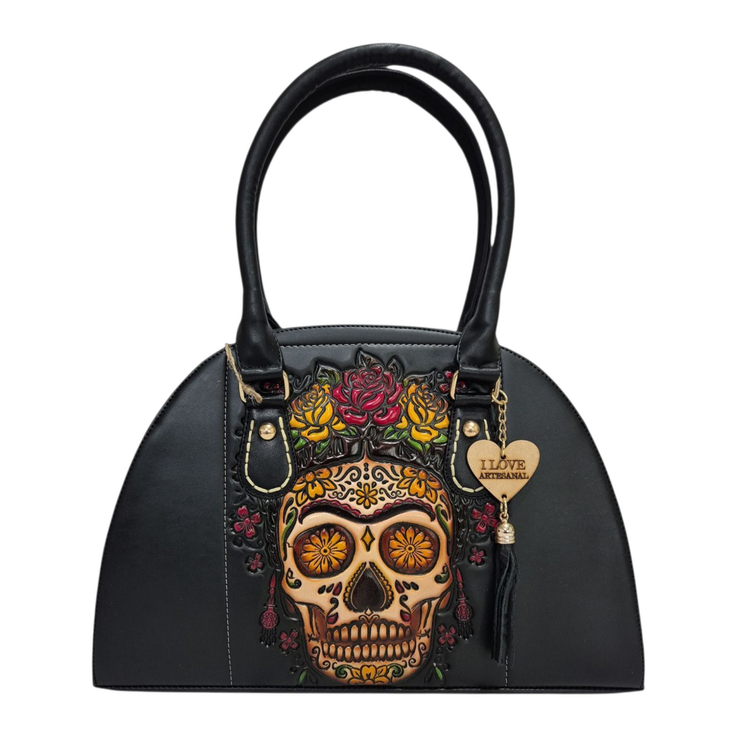 Bolsa de Mano Artesanal Negra con Calavera Floral Grabada – Estilo Mexicano Únicos