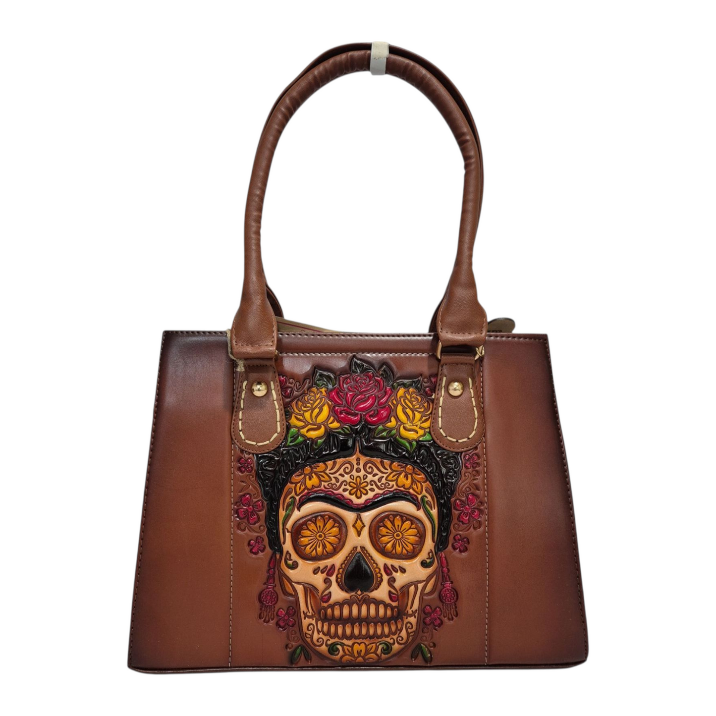 Bolsa artesanal grabada con diseño de calavera floral | Estilo mexicano color café