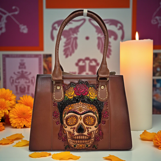 Bolsa artesanal grabada con diseño de calavera floral | Estilo mexicano color café