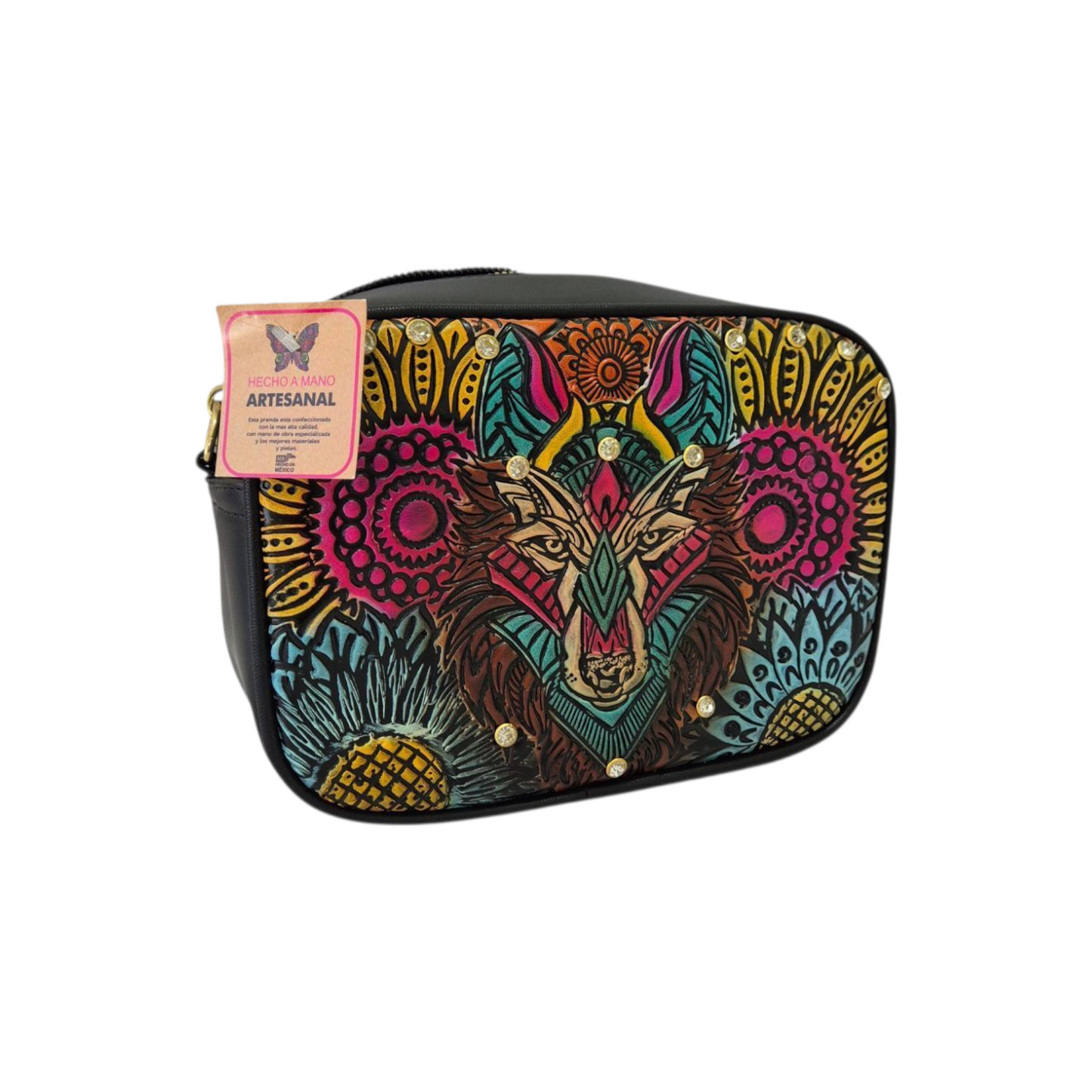 Bolsa Crossbody Artesanal con Diseño Colorido de Lobo y Detalles Dorados
