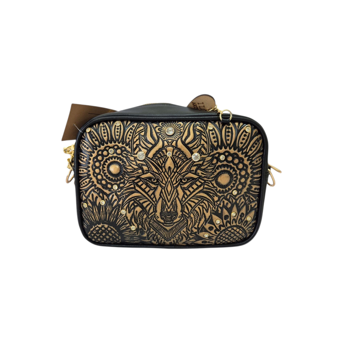 Bolsa Crossbody Artesanal con Grabado de Lobo y Detalles Dorados