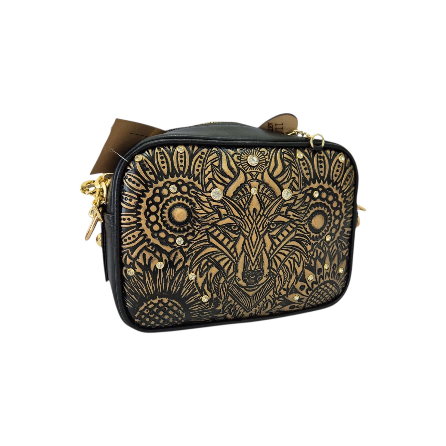 Bolsa Crossbody Artesanal con Grabado de Lobo y Detalles Dorados