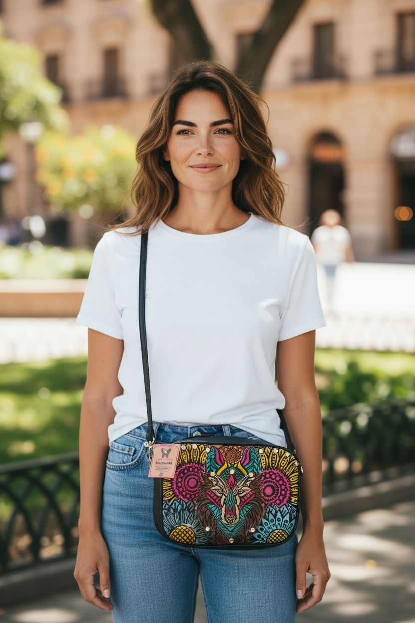 Bolsa Crossbody Artesanal con Diseño Colorido de Lobo y Detalles Dorados