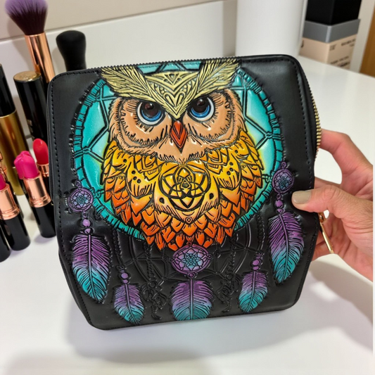 Billetera Artesanal con Búho y Atrapasueños Color Verde