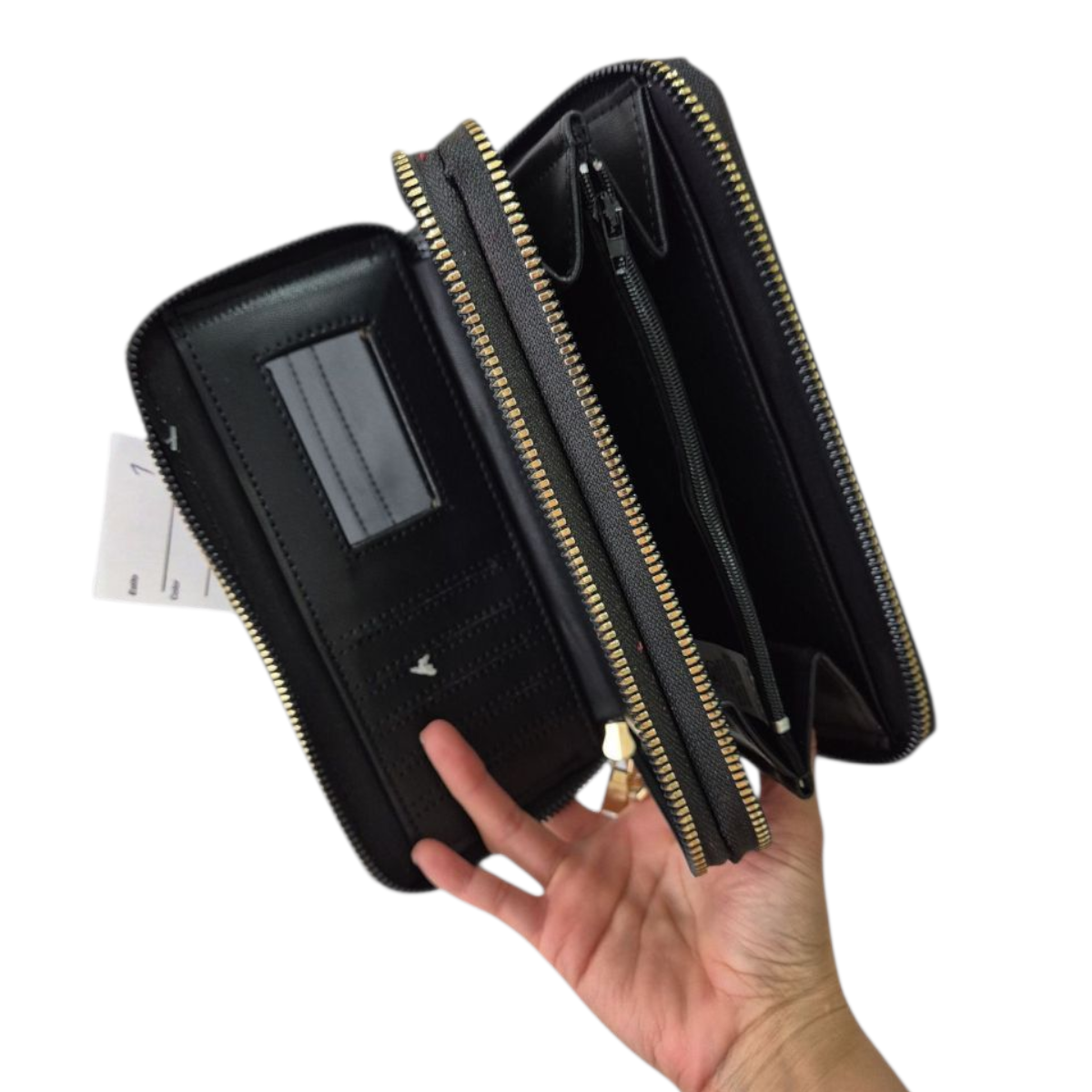 Billetera negra artesanal doble cierre con diseño mariposa y atrapasueños rosa