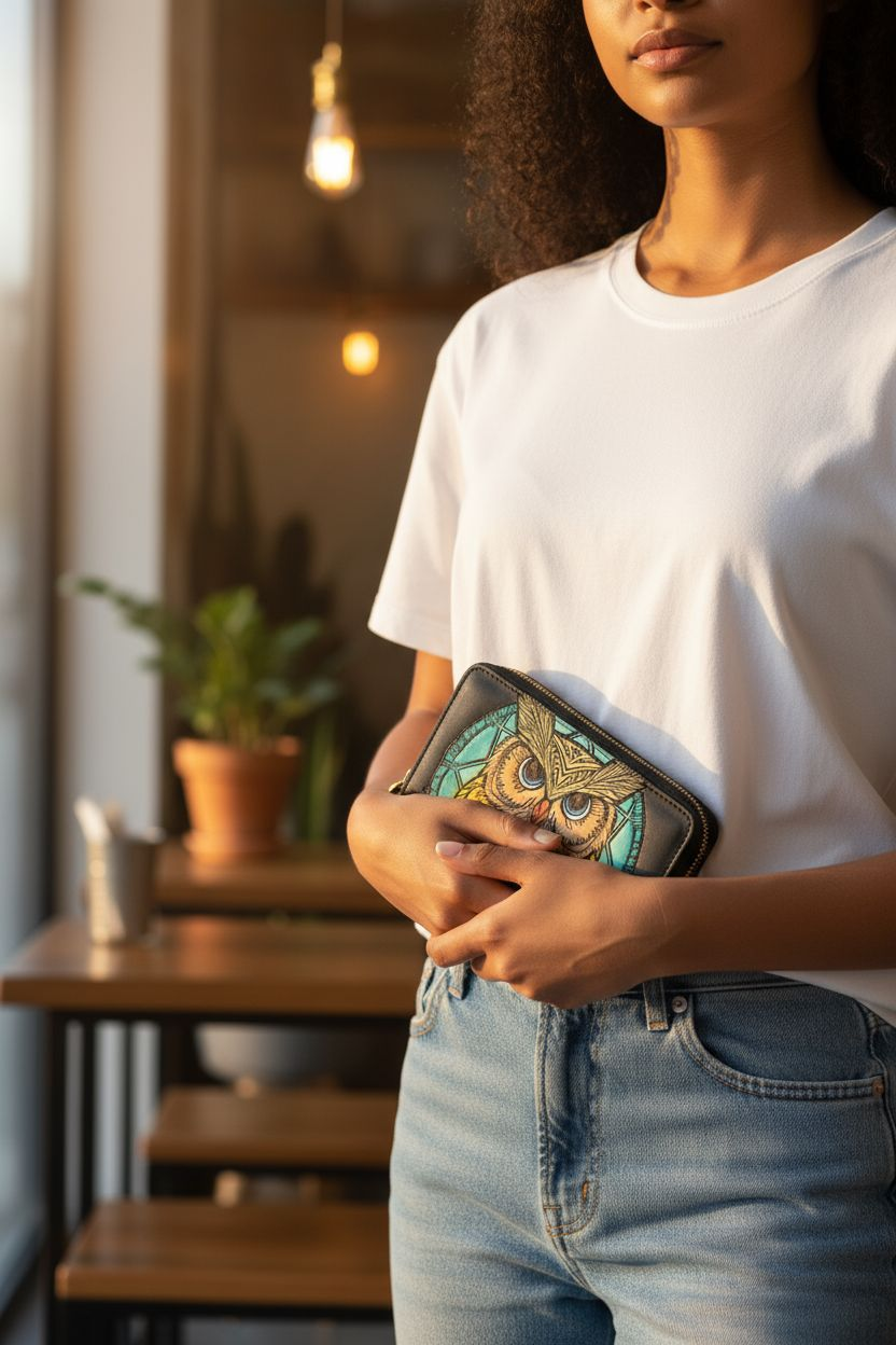 Billetera Artesanal con Búho y Atrapasueños Color Verde