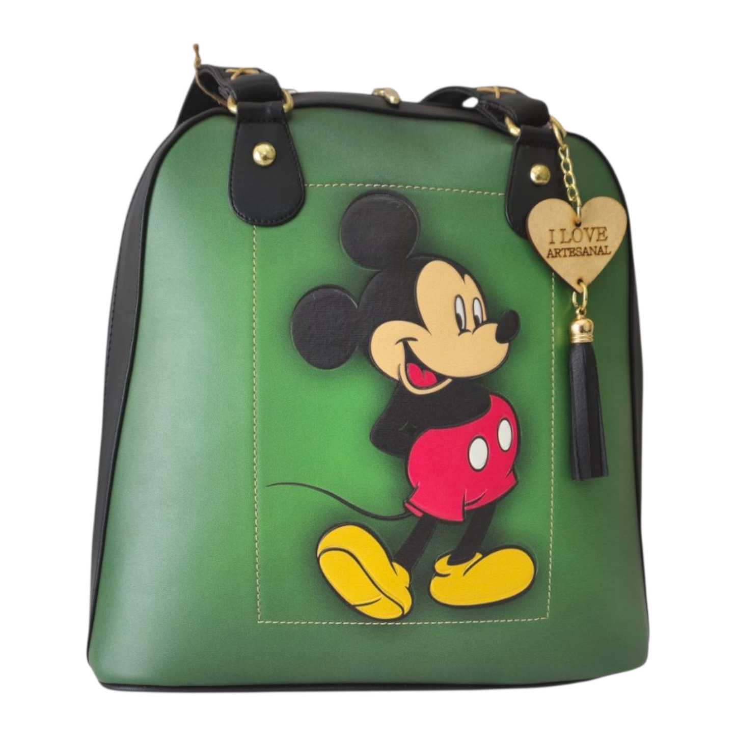 Bolsa convertible en mochila artesanal verde con diseño clásico