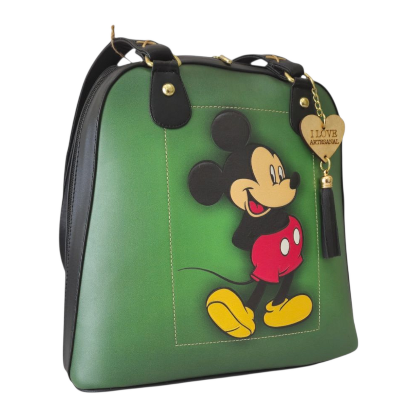 Bolsa convertible en mochila artesanal verde con diseño clásico