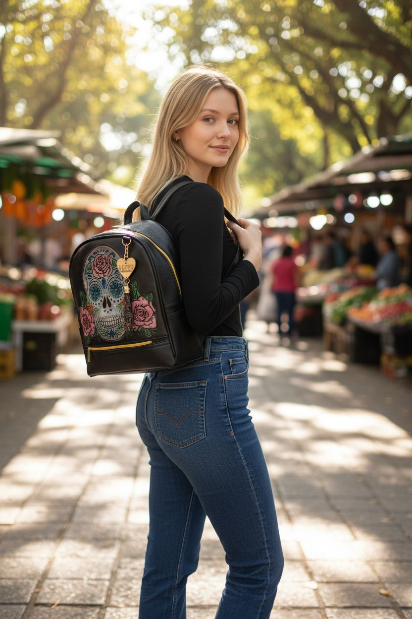 Mochila Artesanal de Piel con Calavera Floral — Diseño Único Hecho a Mano