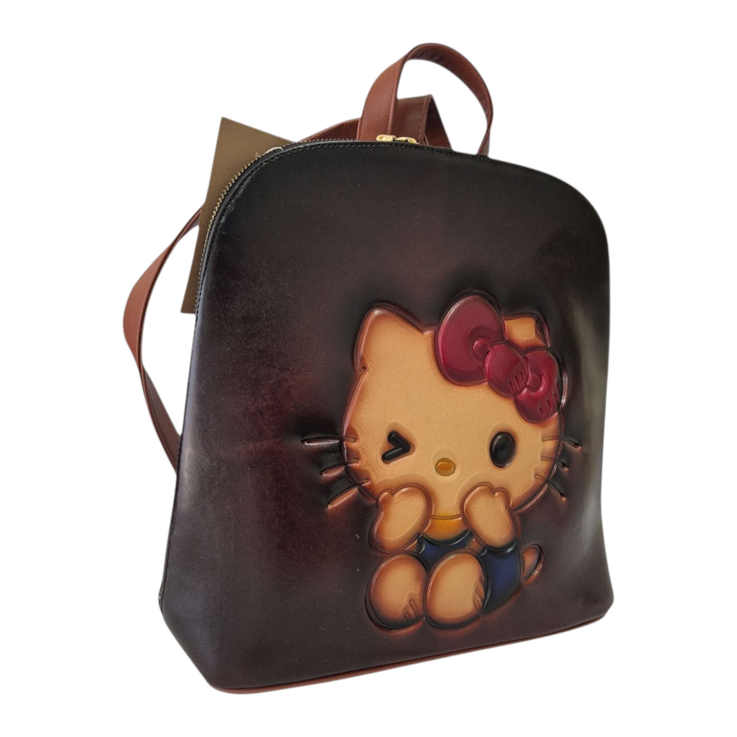 Mochila artesanal color chocolate grabada con diseño tierno