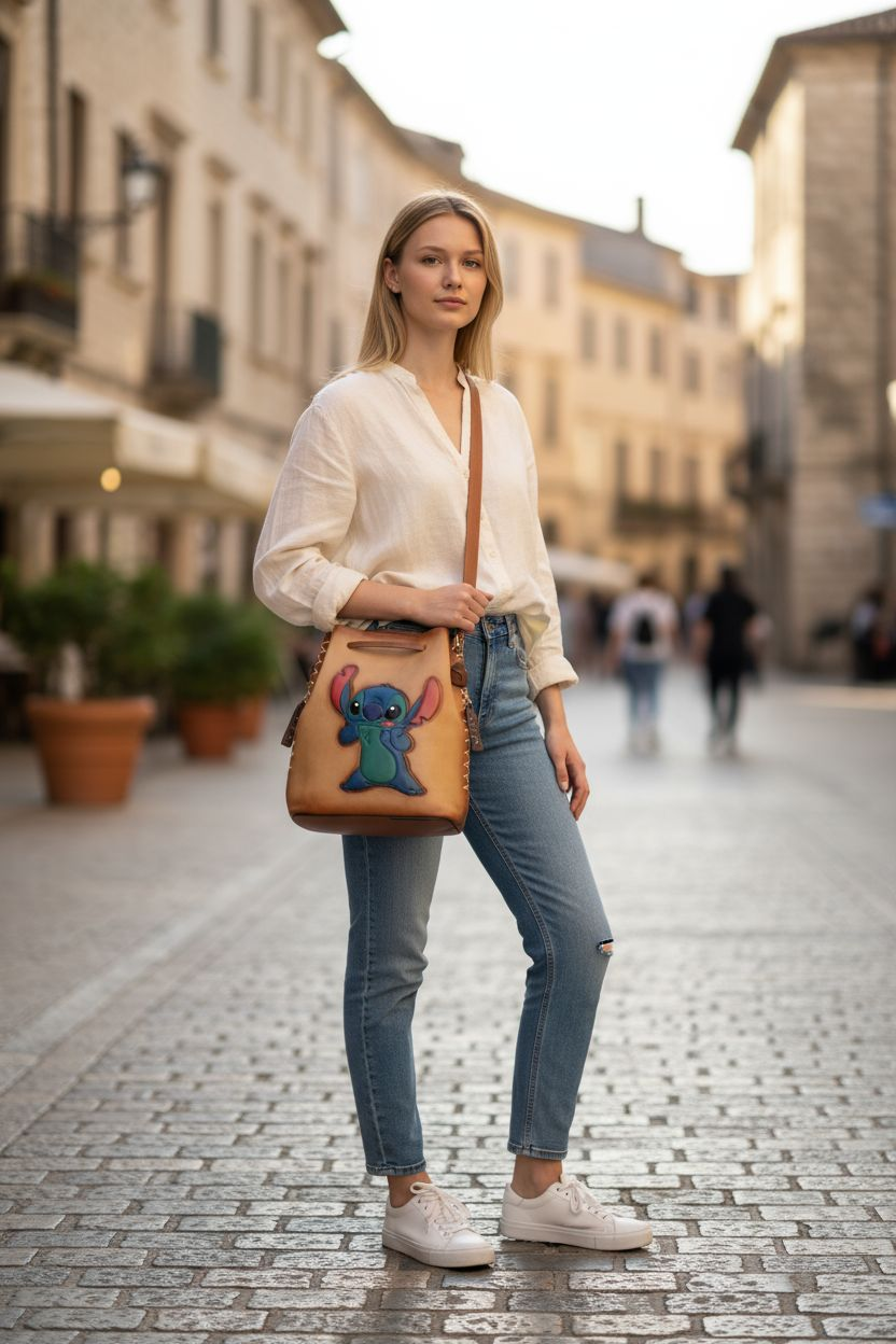 Bolsa tipo bucket artesanal con diseño animado pintado a mano