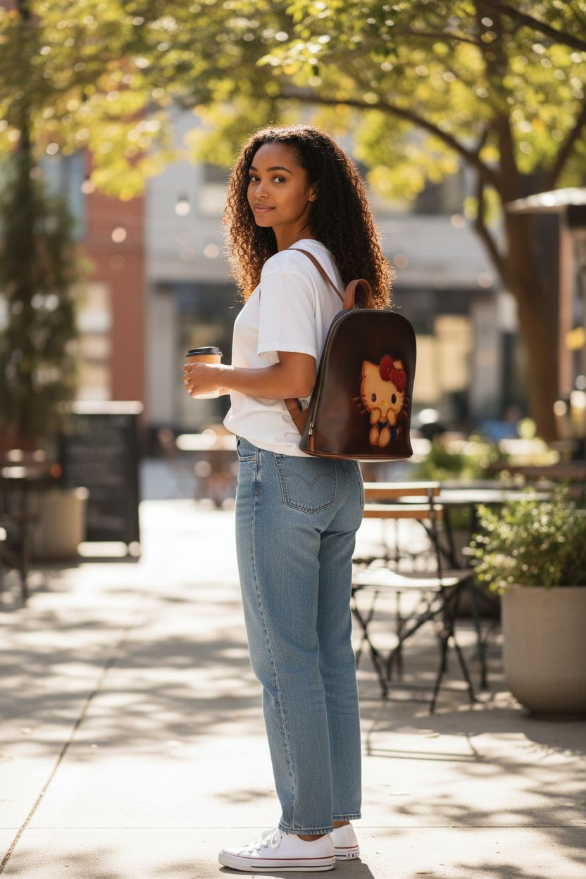 Mochila artesanal color chocolate grabada con diseño tierno