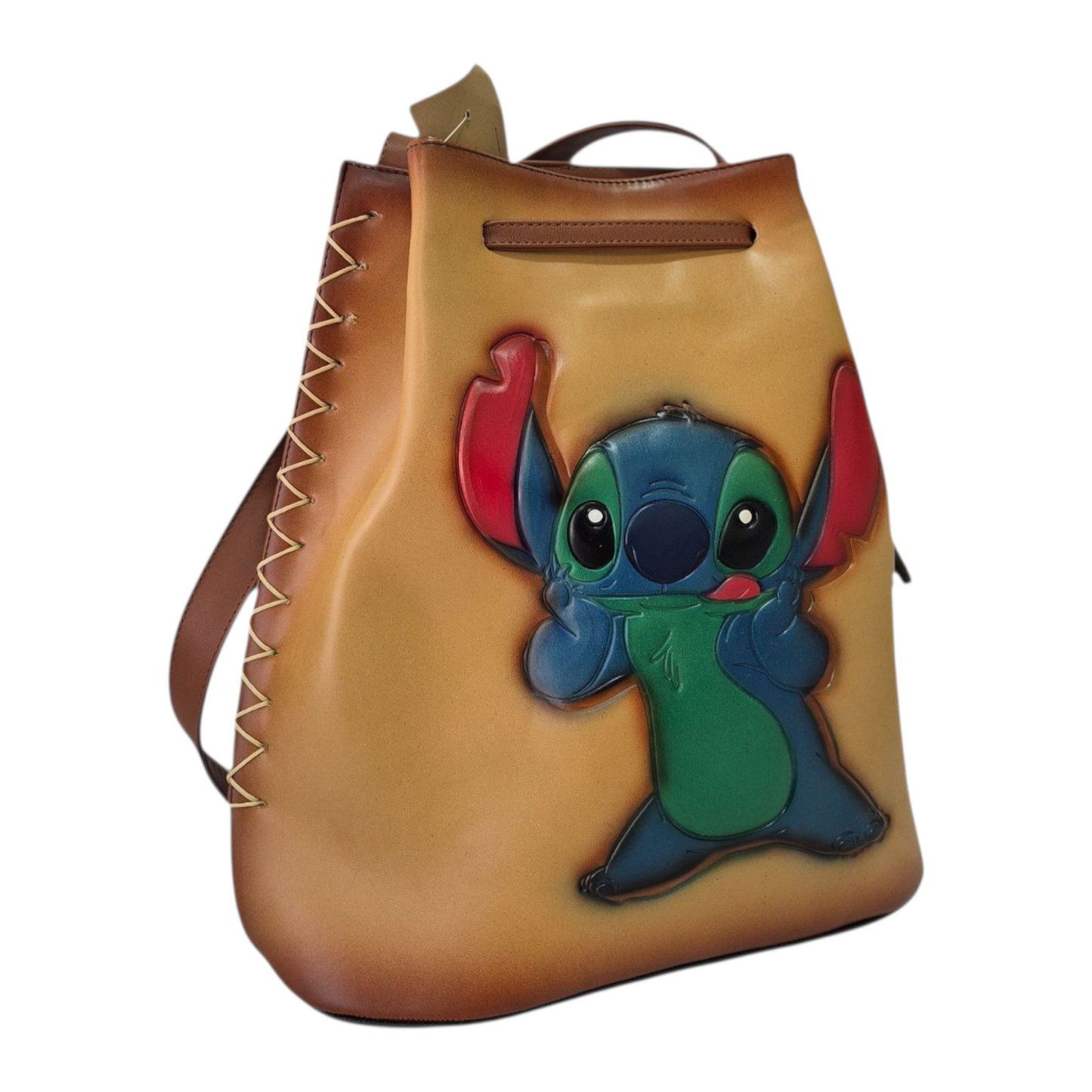 Bolsa tipo bucket artesanal con diseño animado pintado a mano