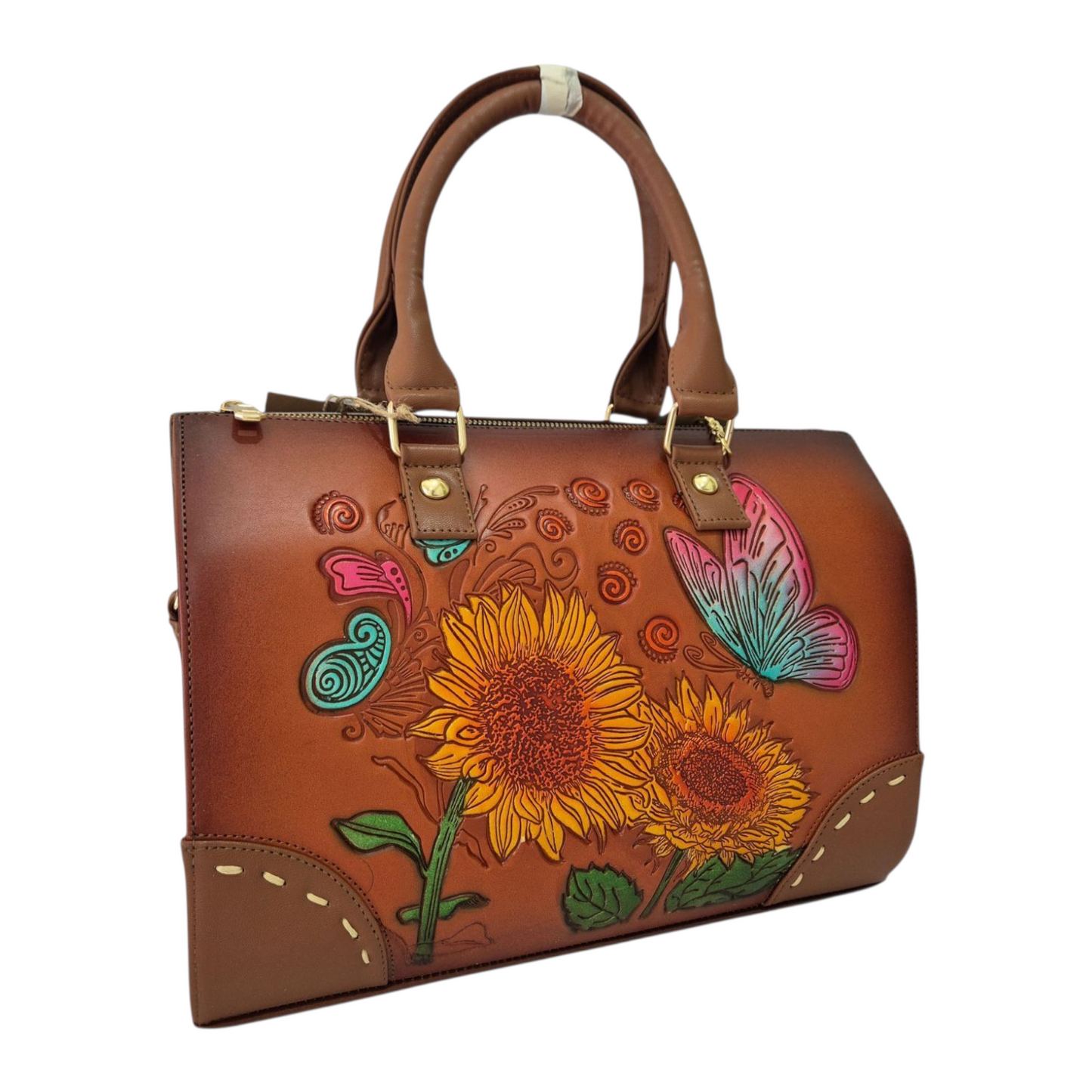 Bolsa de mano café con girasoles y mariposa grabados a color – elegante y artesanal