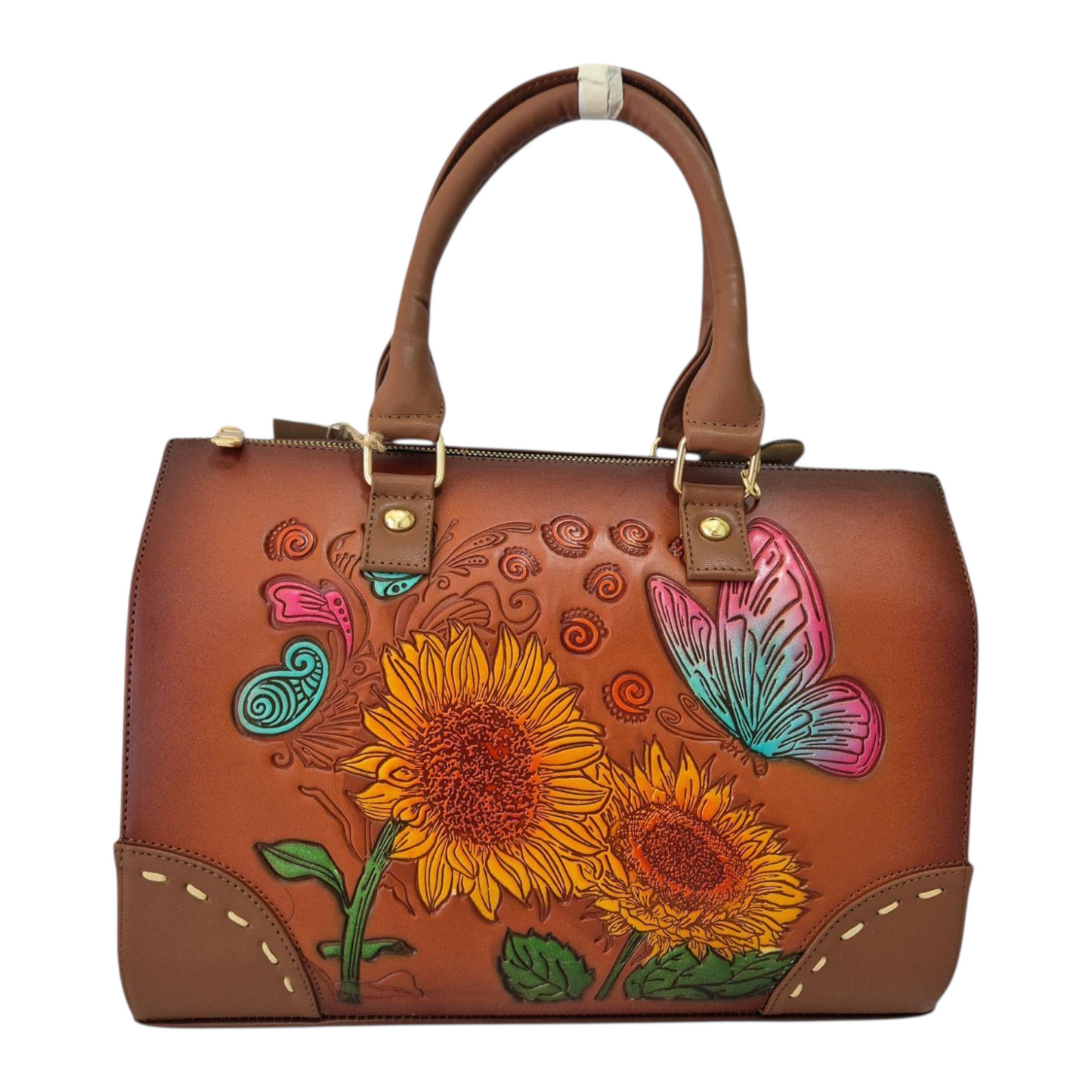 Bolsa de mano café con girasoles y mariposa grabados a color – elegante y artesanal