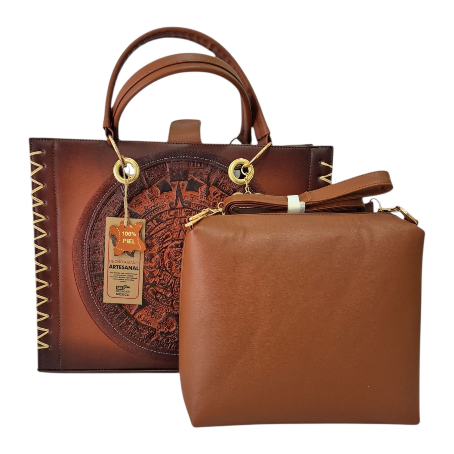 Bolsa artesanal grabada con calendario azteca