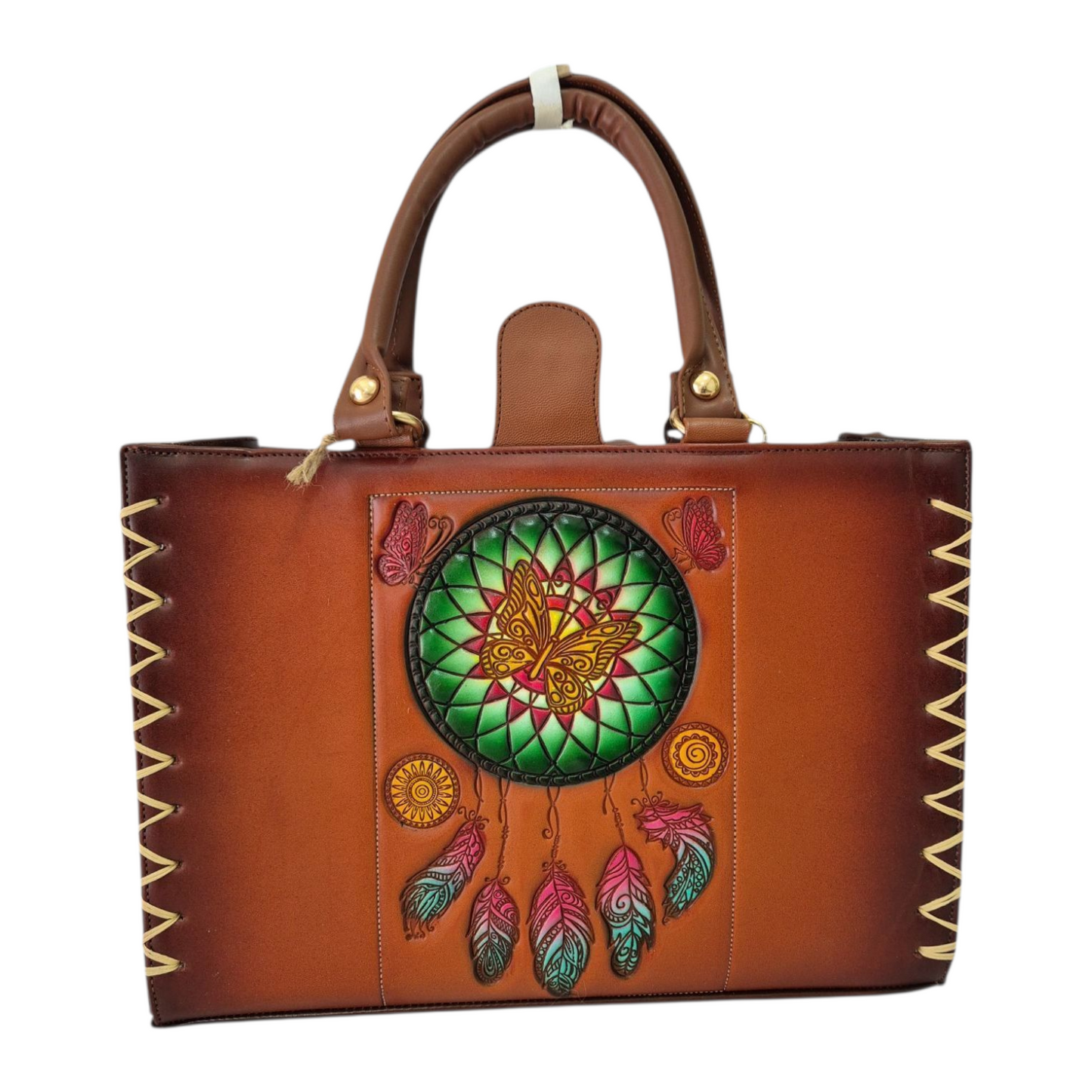 Bolsa artesanal grabada con atrapasueños y mariposas – Hecha a mano, diseño único