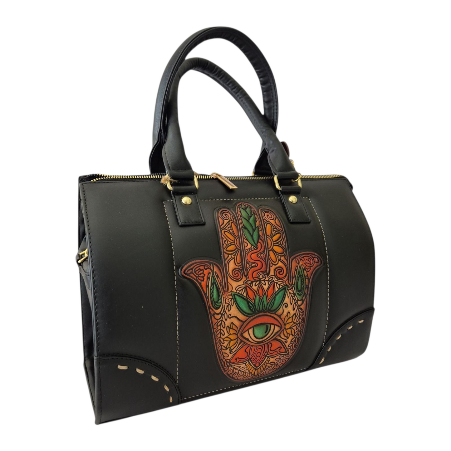 Black handbag with a handmade Fatima's Hand design – Elegant bohemian style