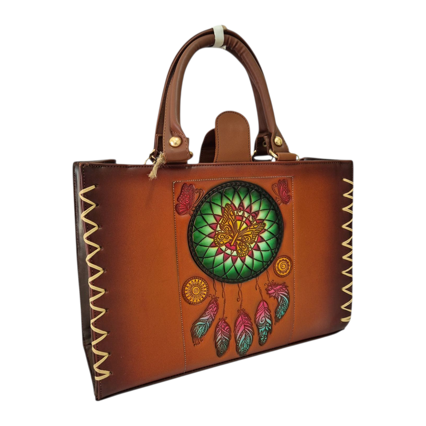 Bolsa artesanal grabada con atrapasueños y mariposas – Hecha a mano, diseño único