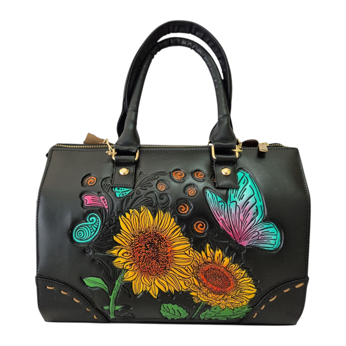 Bolsa de mano negra con girasoles y mariposa grabados a color – elegante y artesanal