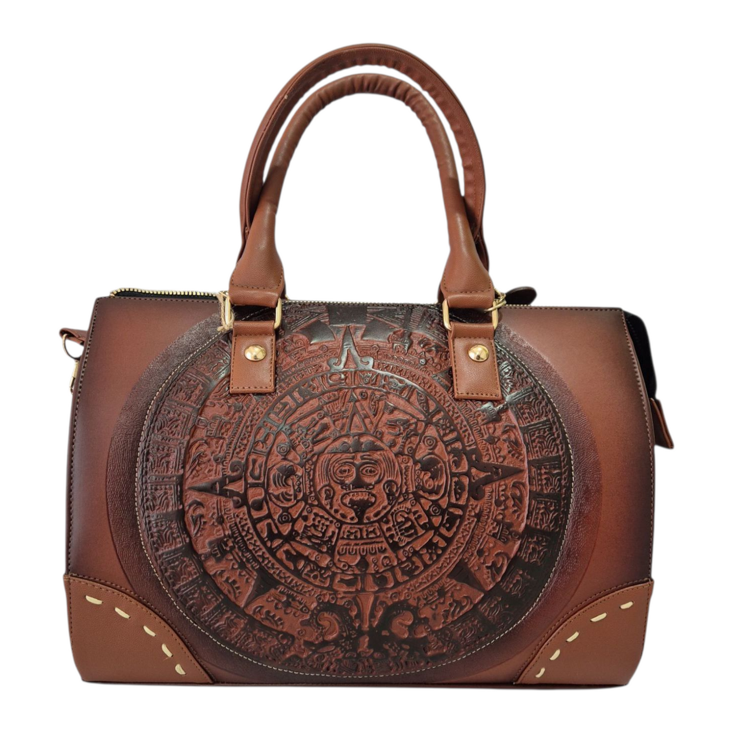 Brown handbag with Aztec calendar engraving – handcrafted design