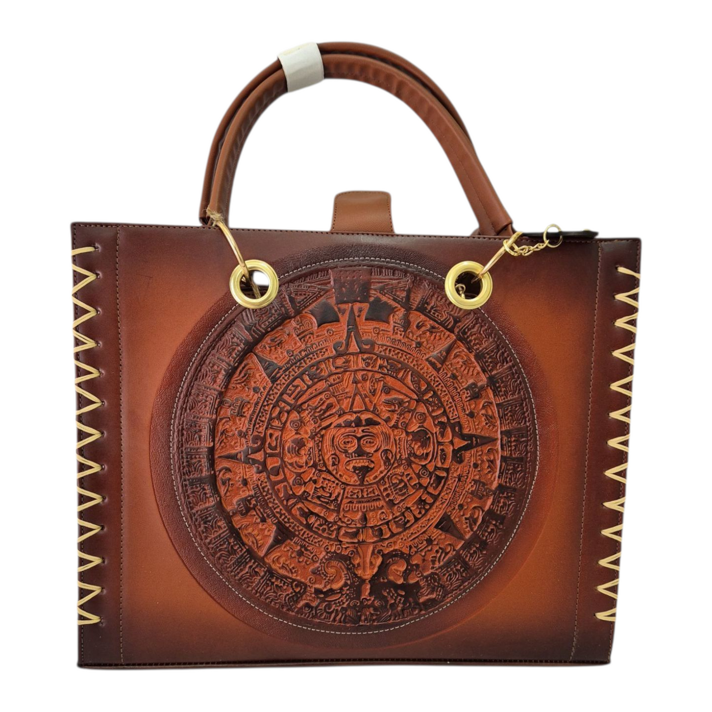 Bolsa artesanal grabada con calendario azteca