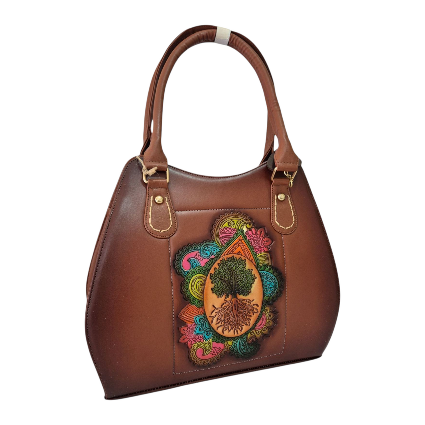 Bolsa artesanal con árbol de la vida grabado – Hecha a mano, diseño colorido y original