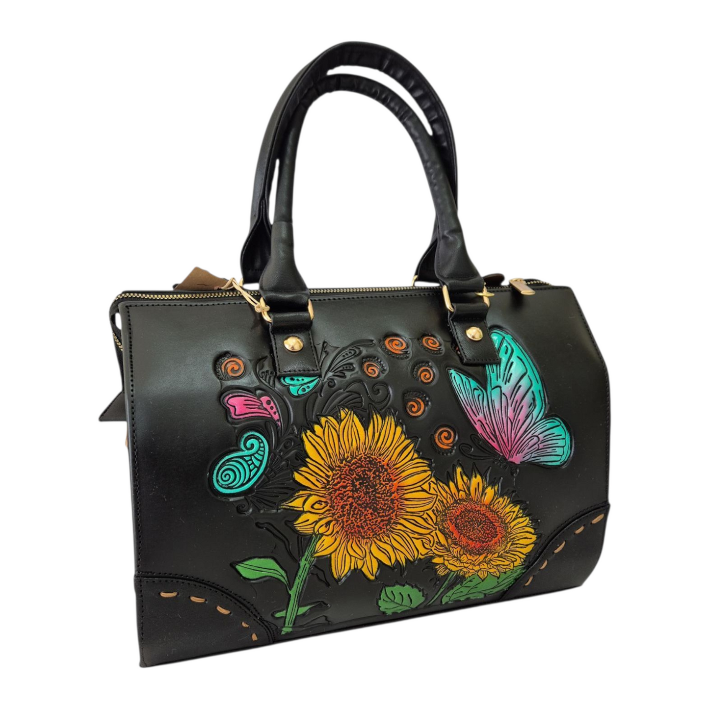 Bolsa de mano negra con girasoles y mariposa grabados a color – elegante y artesanal