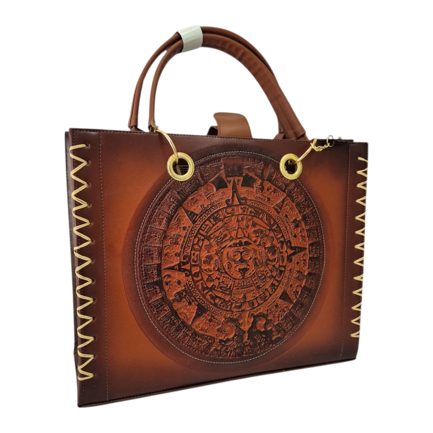 Bolsa artesanal grabada con calendario azteca