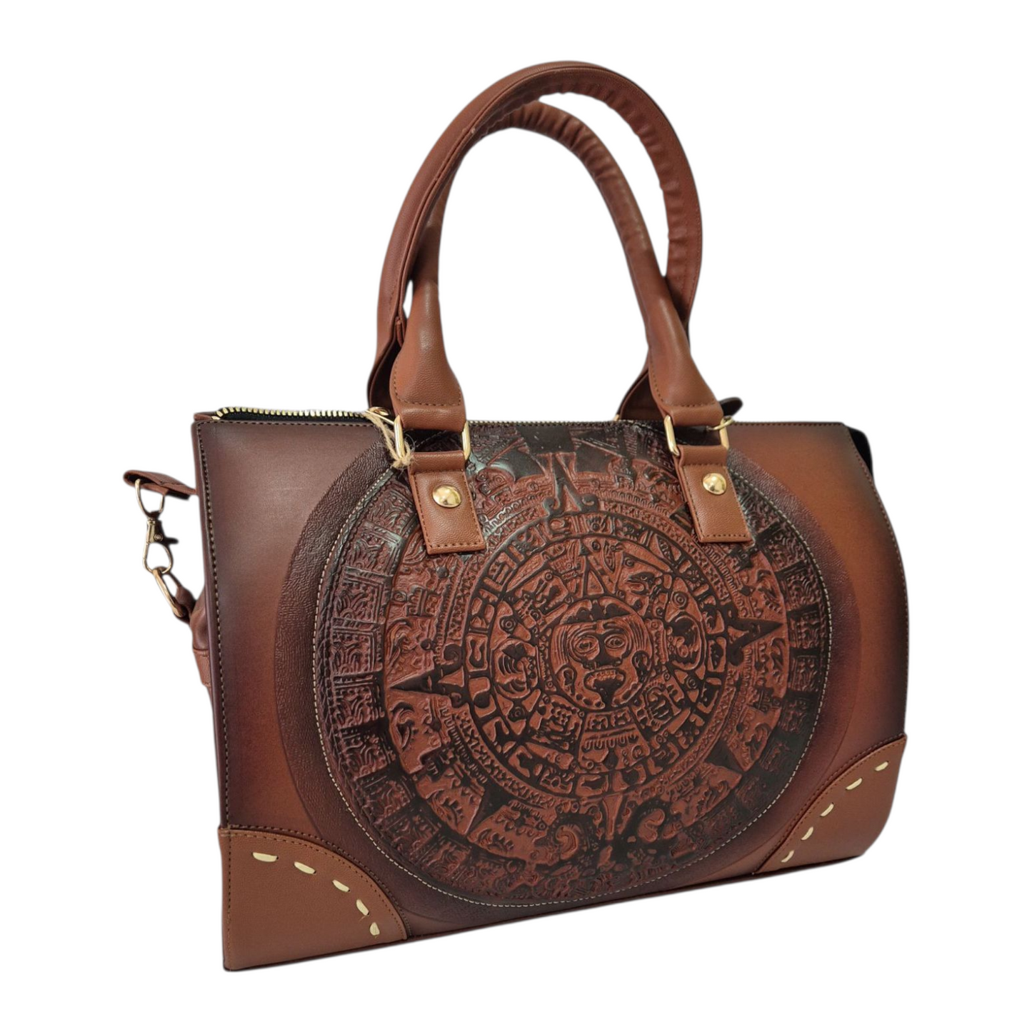 Brown handbag with Aztec calendar engraving – handcrafted design