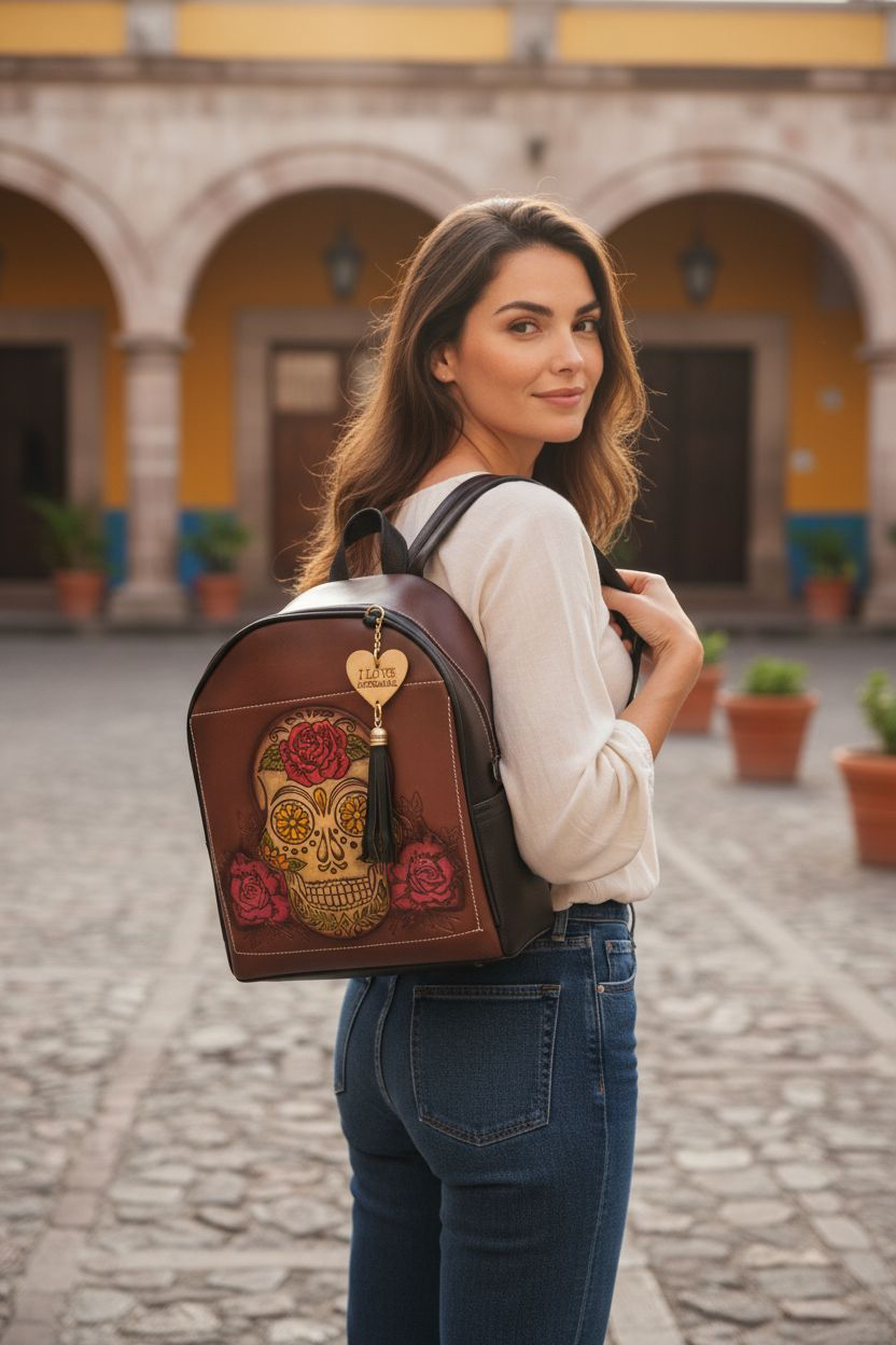 Mochila artesanal cafe con negro grabada con calavera y flores estilo mexicano