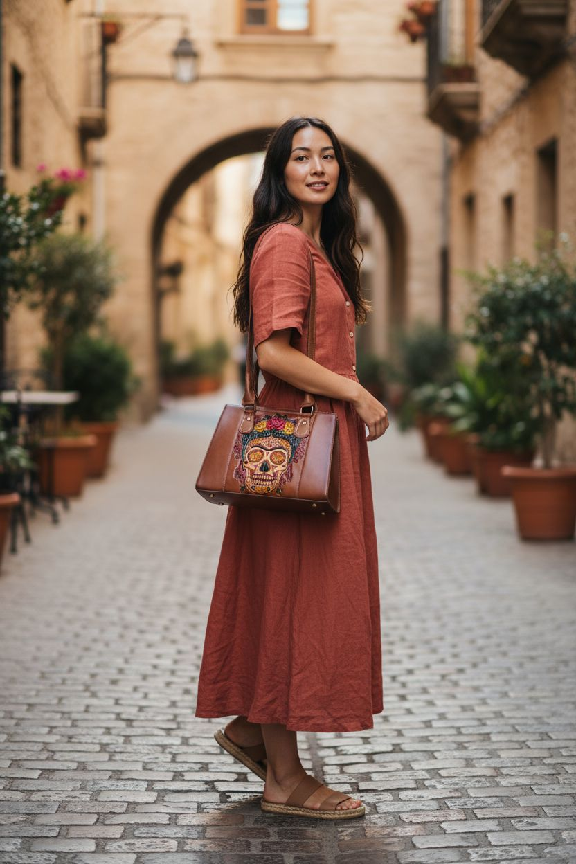 Bolsa artesanal grabada con diseño de calavera floral | Estilo mexicano color café